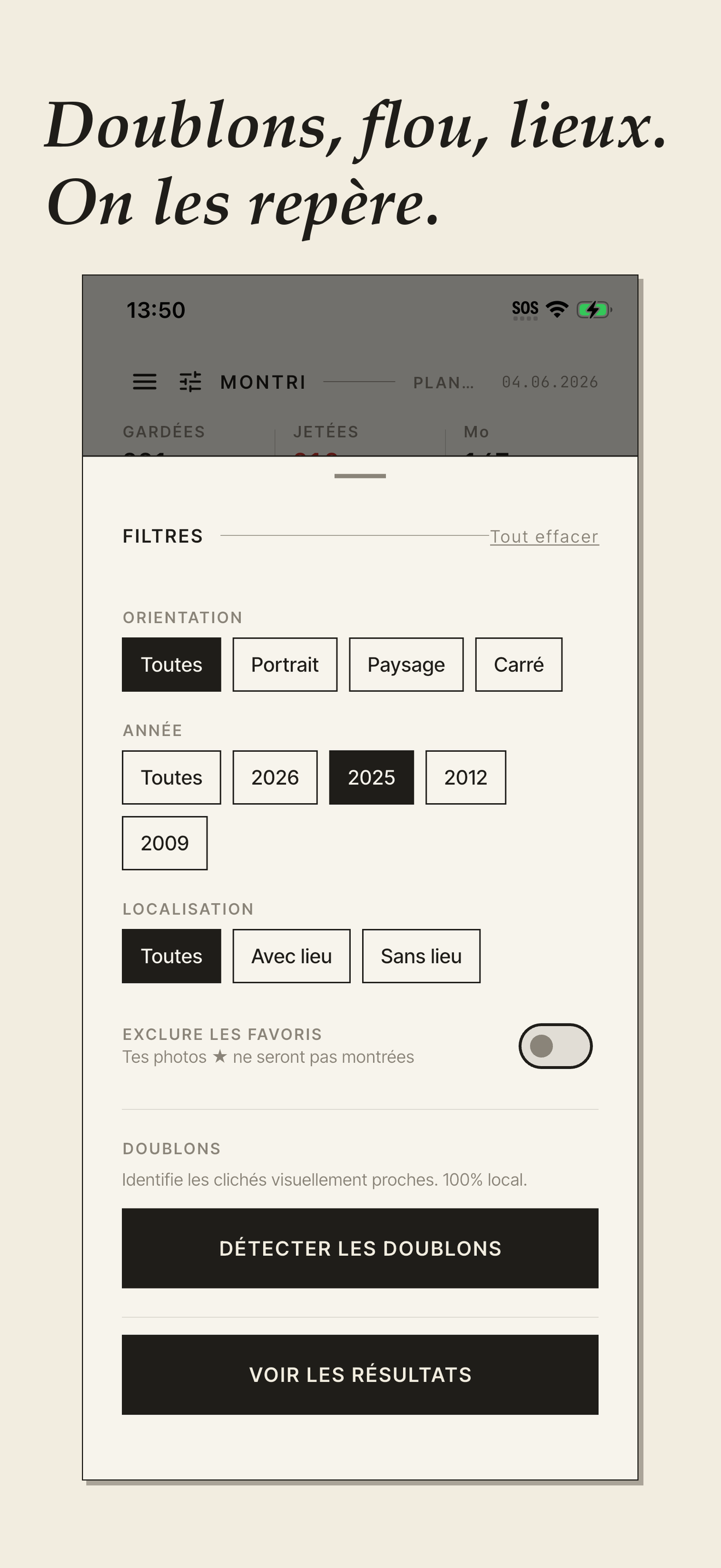 Filtres MonTri : année, orientation, lieux et doublons